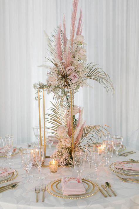 Blush And Gold Wedding Decor, Pink Boho Wedding, Grass Centerpiece, Boho Centerpiece, Gold Wedding Decor, Blush And Gold Wedding, Palm Wedding, Beach Wedding Centerpieces, Bedroom Reveal