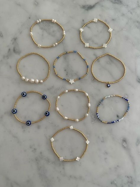 Bracelet Inspo Preppy, Preppy Gold Bracelet, Where To Buy Bracelets, Blue And Gold Beaded Bracelets, Preppy Gold Bracelet Stack, Bracelet Ideas Aesthetic Beaded, Perment Jewelry, Gold And Blue Bracelet, Blue Bracelets Diy