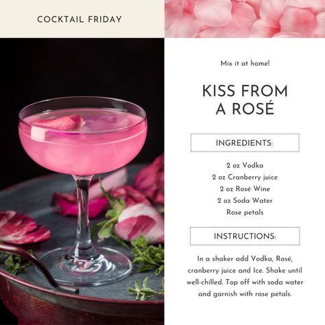 Made with love and Rosé 🌹💕 ⁠ Make this effortlessly chic 'Kiss from a Rosé' cocktail for Valentine's or Galentine's Day.⁠ ⁠ Try mixing up this elegant cocktail with Smirnoff Red Label Vodka at $23.99 ($1 off) and Okanagan Crush Pad Many Hands Rosé at $22.99 ($2 off). Both are on sale until February 29th! Valentines Day Cocktails Recipes, February Cocktails, Valentine’s Day Drinks, Galentines Cocktails, Valentines Cocktails, Rosé Cocktail, Smirnoff Red, Bartender Drinks Recipes, Rose Drink