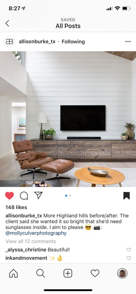 I love the slanted ceiling and built in cabinet below tv, back wall is windows but have to click to her blog Slanted Tv Wall, Tv Wall With Slanted Ceiling, Slanted Ceiling Tv Room, Tv Accent Wall High Ceiling, Tv On Wall With High Ceiling, Tv On Slanted Ceiling, Tv Wall High Ceiling Family Rooms, Tv Wall Slanted Ceiling, Tv Wall Design Tall Ceiling