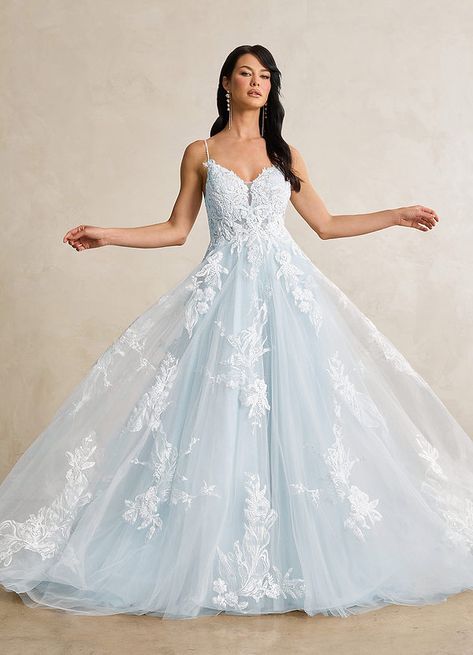 Winter Wonderland Wedding Dress Gowns, Big Tulle Wedding Dress, Unique Wedding Dresses With Color, Rainbow Wedding Dresses, Wedding Dresses Lace A Line, White Wedding Dress With Blue Accents, Light Blue Wedding Dress The Bride, Wedding Dresses Baby Blue, Wedding Dress With Blue Accents