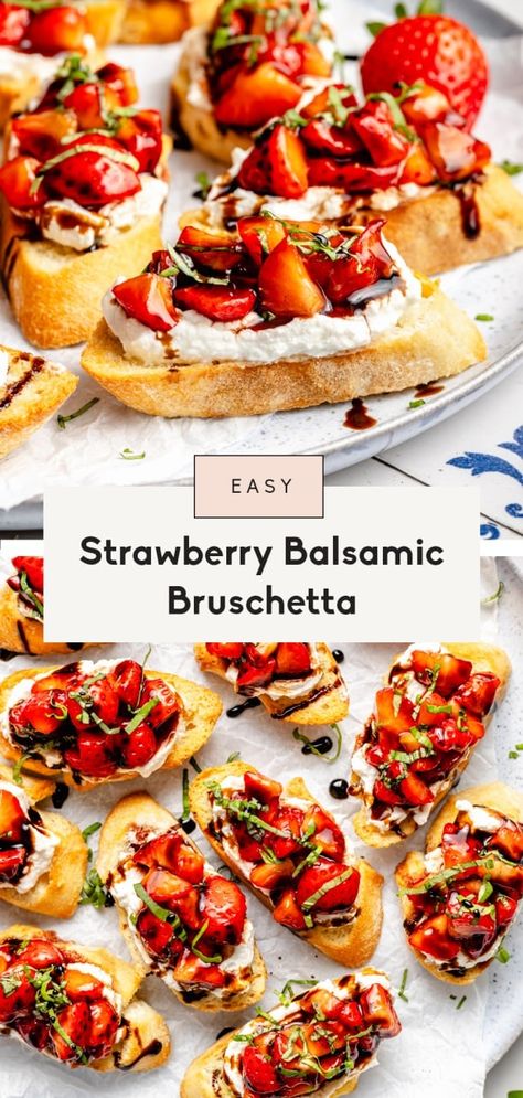 Beautiful strawberry bruschetta made with juicy, balsamic-marinated strawberries, fresh basil, and creamy ricotta all on top of toasted crostini. This delicious, easy strawberry bruschetta recipe is the perfect way to use up summer produce for a wonderful appetizer that takes just 20 minutes to make! Summer Appetizers For Party, Summer Crostini, Basil Appetizers, Marinated Strawberries, Strawberry Appetizers, Strawberry Bruschetta, Balsamic Bruschetta, Bruschetta Appetizer, Summer Appetizers