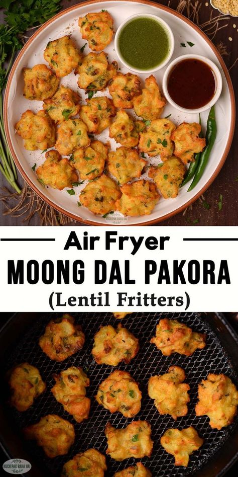 Moong Dal Pakora in Air Fryer (Lentil Fritters) Indian Accompaniments, Gluten Free Fritters, Moong Dal Pakora, Fritters Air Fryer, Air Fryer Recipes Indian, Stocking Shelves, Lentil Fritters, Modern Cooking, Green Gram