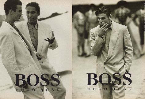 FULL CREDITS      Brand: Hugo Boss Season: Spring/Summer 1992 Model(s): Michael Flinn, Joe Neary, Owen Mckibbin, Michael Bunker, Miles Arreola, Gary Stretch and Doug Casas. Ph: Neil Kirk Vintage Men Style, Menswear Inspiration, Hugo Boss Suit, German Outfit, 80s Men, Money Fashion, Mens Fashion Illustration, Things To Do With Boys, Fashion Archive