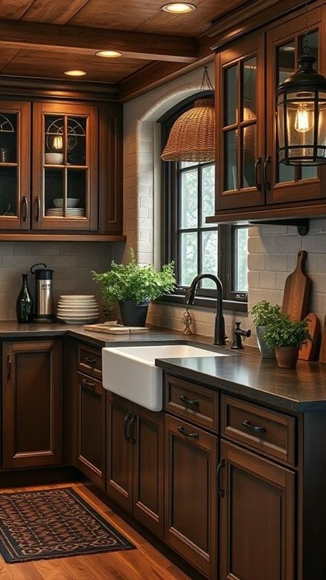 3 Stunning Black and Wood Kitchen Designs to Inspire Renovation Black Cabinets With Dark Countertops, Apartment Kitchen Dark Cabinets, Antique Kitchen Remodel, Espresso Cabinets Black Countertops, Kitchen Black And Brown, Black Granite Wood Cabinets, White Cabinet With Wood Countertop, Kitchen Ideas White Cabinets Dark Floors, Kitchen Brown Cabinets Black Countertop