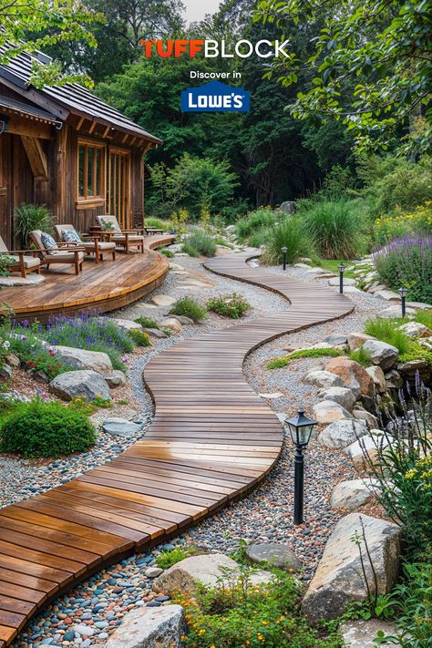 curved walkway deck through beautiful yard that leads to outhouse Tuffblock Deck, Raised Walkway, Curved Walkway, Deck Blocks, Rock Walkway, Wood Walkway, Backyard Walkway, Sloped Yard, Walkways Paths