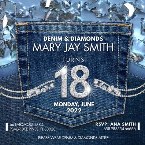 Denim And Diamond Invitations, Denim And Diamonds Invitations, Denim Party Ideas, Denim And Diamonds Party Ideas, Denim Birthday Party Theme, Denim Party Theme, Denim Party Decorations, Denim Diamonds Theme Party, Denim Themed Party Outfit