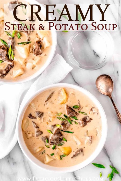 Loaded with tender beef and potatoes in a smooth, cheesy broth, this Creamy Steak and Potato soup is a hearty meal. It's the ultimate comfort food that will warm you right up during the colder, winter months. #soup #comfortfood #potatosoup #steaksoup #steakandpotatoes Creamy Steak, Steak And Potato Soup, Steak Soup, Steak Potatoes, Leftovers Soup, Beef And Potatoes, Hearty Meal, Potato Soup Recipe, Tender Beef