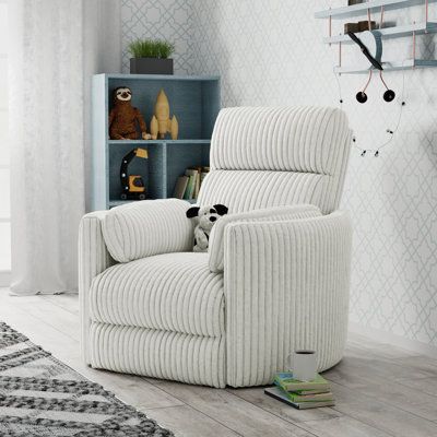 Relax and read a bedtime story with this plush swiveling recliner. It features a round metal frame and base, offering a 2-position reclining mechanism with a position lock for added convenience. The chair is filled with foam and has sinuous springs for ultimate comfort. The built-in USB port allows you to charge your devices while you unwind, and it comes with two toss pillows for extra coziness. With a fire-resistant design and a weight capacity of 350 lbs, this recliner is both functional and Nursery Recliner, Kids Closet, Plush Design, Swivel Glider Recliner, Nursery Glider, Glider Recliner, Swivel Recliner, Nursery Chair, Parker House