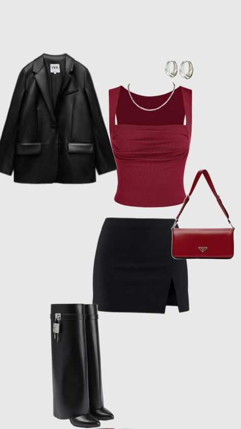 Classy outfit Red Top Black Skirt, Red Top Outfit, Givenchy Boots, Black Skirt Outfits, Top Outfit, Red Outfit, Red Top, Basic Outfits, Boots Outfit