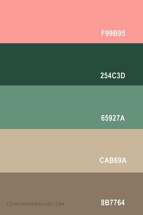 Looking for new color ideas? Check out this nature inspired color palette featuring Coral Blush, Forest Green, Light Sage Green, Tan and Taupe Brown. Coral Pink Bedroom, Green Pink Color Palette, Light Green Color Palette, Coral Forest, Coral Room, Coral Colour Palette, Future Farmhouse, Vintage Colour Palette, Light Pink Wedding