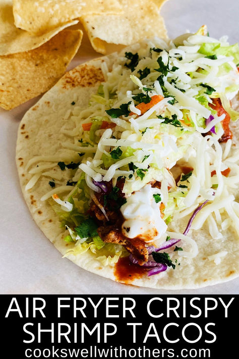 shrimp taco with a side of chips Air Fryer Shrimp Tacos, Crispy Shrimp Tacos, Air Fryer Shrimp, Crispy Shrimp, Yummy Seafood, Frozen Seafood, Easy Dinner Recipe, Easy Taco, Shrimp Tacos