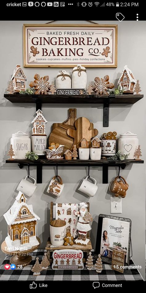 Classy Gingerbread Decorations, Gingerbread Living Room Decor, Rustic Gingerbread Decor, Gingerbread Theme Kitchen Decor, Gingerbread Fireplace Decorations, Ginger Bread Kitchen Decorations, Ginger Bread Theme Decorations, Christmas Gingerbread Kitchen Decor, Rae Dunn Gingerbread Display