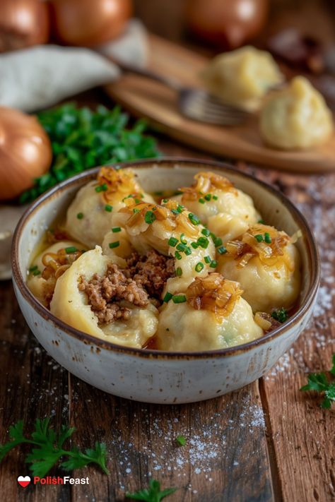 These traditional Polish potato dumplings - Pyzy with meat filling are perfect for a main course. This recipe brings a taste of Poland to your kitchen. Traditional Polish Wedding, Poland Food Traditional, Polish Potato Dumplings, Poland Recipes, Fantasy Dinner, Polish Dumplings, Polish Recipe, Poland Food, Polish Wedding