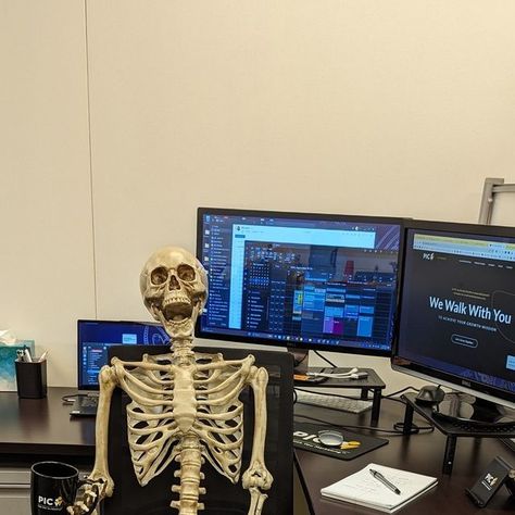 Skeleton Steve is always trying to dig up the office gossip. #skeletonsteve #walkwithpic #skeleton #haloweendecor #officehalloween Call Center Aesthetic, Haloween Decor, Office Gossip, October 19, Call Center, The Office, Skeleton, Marketing, Memes