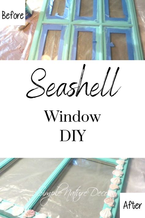 Seashell Picture Frames Diy Shells, Stained Glass With Sea Shells, Coastal Stained Glass Windows, How To Make Resin Sea Glass Windows, Antique Window Frames, Old Window Decor, Beachy Bathroom, Sea Glass Window Art Resin, Wood Window Frame