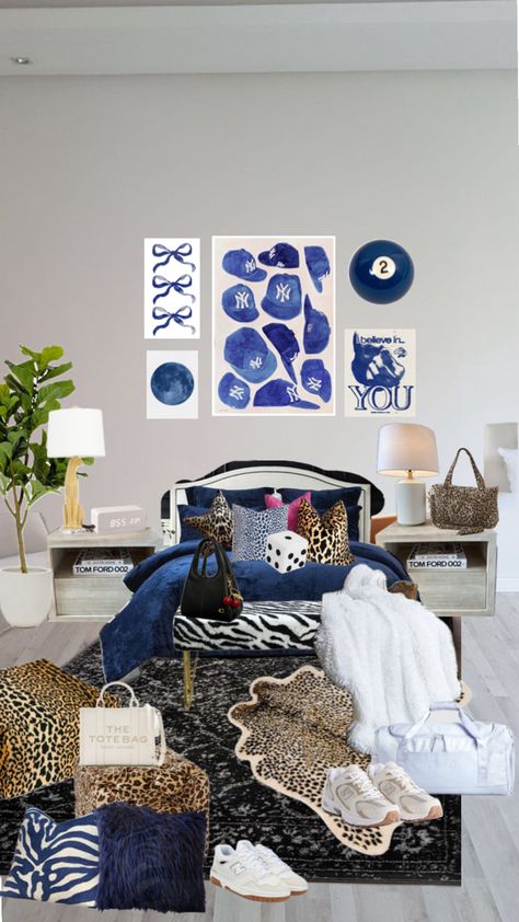 Blue And Leopard Bedroom, Dark Blue Bedding, Leopard Room, Leopard Bedroom, Blue Room, Blue Rooms, Blue Bedding, Bedroom Inspo, Room Design