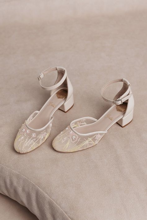 Ivory Wedding Shoes With Ankle Strap and Low Block Heel, Handmade Bridal Sandals With Floral Embroidery With Beads, Almond Toe Wedding Shoes - Etsy Floral Wedding Shoes, Pastel Heels, Embroidery With Beads, Ivory Wedding Shoes, Pearl Anklet, Bridal Sandals, Womens Wedding Shoes, Bride Shoes, Low Block Heels