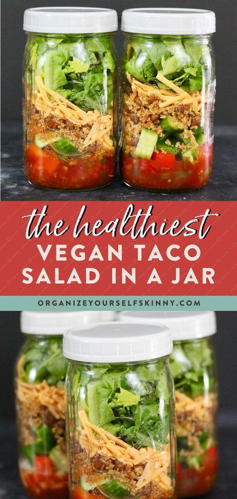 The Healthiest Vegan Taco Salad in a Jar | Vegan Salad Recipes - Looking for a healthy and delicious vegan lunch recipes you can meal prep in advance? This vegan taco salad is flavorful, hearty, and filled with protein and veggies! The best part of this salad is you can make it ahead of time by layering all the ingredients into a portable mason jar salad | Organize Yourself Skinny | Healthy Salad Recipes | Vegan Recipes #vegan #saladrecipe #mealprep #lunchrecipe #mealplanning Essen, Taco Salad In A Jar, Vegan Taco Salad Recipe, Mason Jar Meal Prep, Mason Jar Lunch, Vegan Taco Salad, Salad Jar Recipe, Vegan Taco, Vegetarian Meal Prep