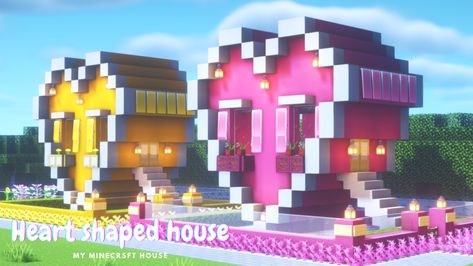 Heart Building Minecraft, Heart Shaped House Minecraft, Heart Minecraft House, Valentine Minecraft Builds, Heart Minecraft Build, Cute Minecraft Houses Kawaii, Minecraft Rainbow House, Heart House Minecraft, Valentines Day Minecraft Builds