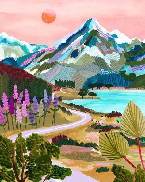 City Canvas Art, Colorful Mountains, New Zealand Art, Travel Illustration, Art Et Illustration, Landscape Illustration, Art And Illustration, Landscape Walls, Landscape Wall Art