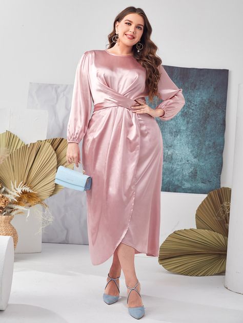 Pink Glamorous  Long Sleeve Satin Plain Fitted  Slight Stretch All Plus Size Dresses Satin Dresses Hijab Plus Size, Satin Dress Plus Size Long Sleeve, Bridesmaid Dresses Hijab Big Size, Satin Dresses Plus Size, Satin Outfit Ideas, Big Size Dress Hijab, Baju Bridesmaids, Dress With Outer, Plus Size Satin Dress