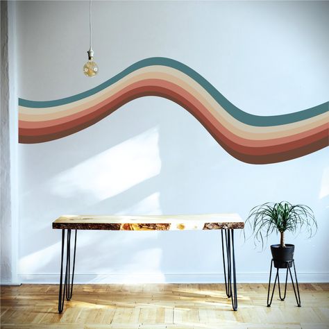 Elevate your home decor with our Wavy Retro Stripe Wall Decal.  a perfect choice for adding a touch of playful nostalgia and contemporary style to your living space. These eye-catching decals feature a dynamic wavy stripe design that instantly draws the eye and infuses your walls with a burst of color and energy. {Material Options} -- The first option is the matte vinyl with transfer tape. This option provides a sleek and seamless finish, with the transfer tape making the application process a b Swirl Paint Accent Wall, 70s Wavy Wall Art, Wavy Line Wall Mural, Retro Feature Wall, Lines Wall Paint, Fun Paint Designs For Walls, Squiggly Wall Paint, Design Painted Walls, Squiggle Wall Mural