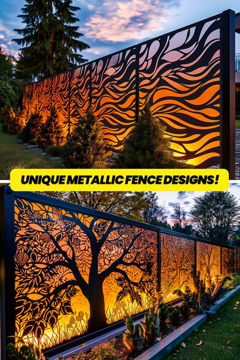 Discover the allure of intricate laser-cut metallic fence designs, where artistry meets functionality. Elevate your outdoor space with nature-inspired motifs and enhance security with style. #MetallicFences #LaserCutDesigns #OutdoorDecor #HomeImprovement Metal Fence Design, Lazer Cut Designs, Decorative Fencing, Unique Landscaping, Laser Cut Designs, Outdoor Fence, Laser Cut Decor, Fence Designs, Entrance Gates Design