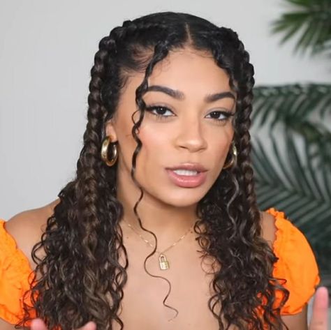 Curly Hair With Two Braids On The Side, Curly Hairstyles Plaits, Cute Braided Hairstyles Curly Hair, Curly Hair Front Braids, Curly Hair With Two Braids, Easy Braided Hairstyles For Curly Hair, Curly Hair Dutch Braids, Valentines Hairstyles Curly Hair, Curly Hairstyles Vacation