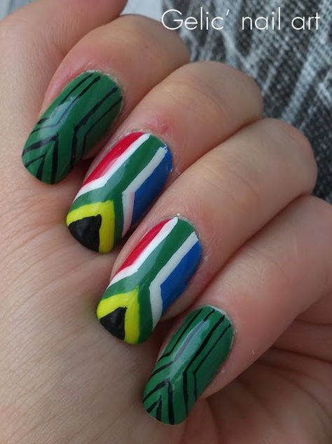 Gelic' nail art: South African tribal nail art Africa Nails, African Nail Art, African Nails, Flag Nails, African Colors, Funky Nail Art, Long Nail Designs, Nail Patterns, Funky Nails