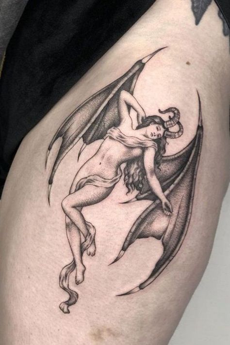 Top 26 Succubus Tattoo Ideas To Unleash The Seductive Power Succubus Tattoos, Succubus Tattoo, Front Thigh Tattoos, Arte Occulta, Grunge Tattoo, Devil Tattoo, Leg Tattoos Women, Dark Art Tattoo, Thigh Tattoos Women