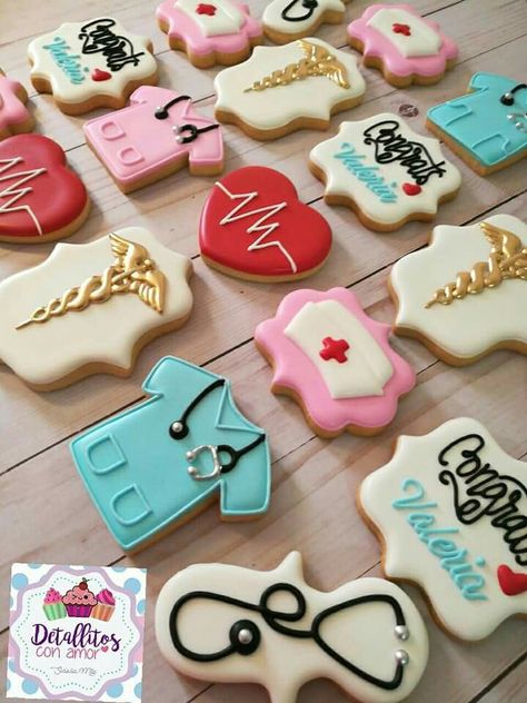 Ideas For Nurse Graduation Party, Nurse Theme Cookies, Nursing Cookies Graduation, Nursing School Graduation Cookies, Medical School Graduation Cookies, Nursing Grad Cookies, Nursing School Cookies, Medical Decorated Cookies, Nurse Practitioner Cookies