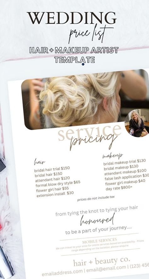 Bridal Hair Stylist Price List Template Wedding Makeup Artist - Etsy Canada Hairdresser Price List, Hair Stylist Price List, Salon Ideas Hairdressing, Hairdressing Salon Ideas, Makeup Artist Contract, Wedding Price List, Hair Salon Marketing Ideas, Makeup Artist Aesthetic, Hair Stylist Marketing