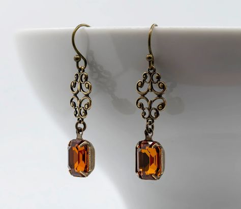 Regency Art Deco Earrings, Topaz Swarovski Crystal, Edwardian Earrings, Antiqued Bronze Earrings, Scroll Connector, Handmade UK, 1920s - Etsy Giving Grace, Regency Art, Deco Earrings, Bronze Earrings, Handmade Uk, Art Deco Earrings, Deco Jewelry, Stunning Earrings, Art Deco Jewelry