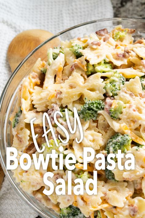 Creamy bowtie pasta salad in a bowl. Essen, Sweet Bowtie Pasta Salad, Cold Pasta Salad Recipes Bow Ties, Bowtie Salad Recipes, Pasta And Broccoli Salad, Bow Tie Pasta Side Dishes, Broccoli Bowtie Pasta Salad, Bow Tie Broccoli Pasta, Cold Parmesan Bowtie Pasta Salad