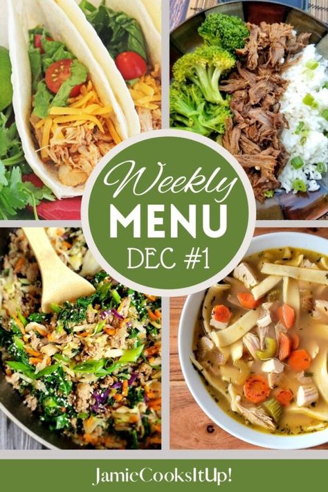 December #1 December Menu Ideas, December Meal Plan, Pumpkin Chocolate Chip Pancakes, Cilantro Lime Shrimp Tacos, Rotisserie Chicken Soup, Sour Cream Banana Bread, Easy Green Beans, Cilantro Lime Shrimp, Beef Tips And Gravy