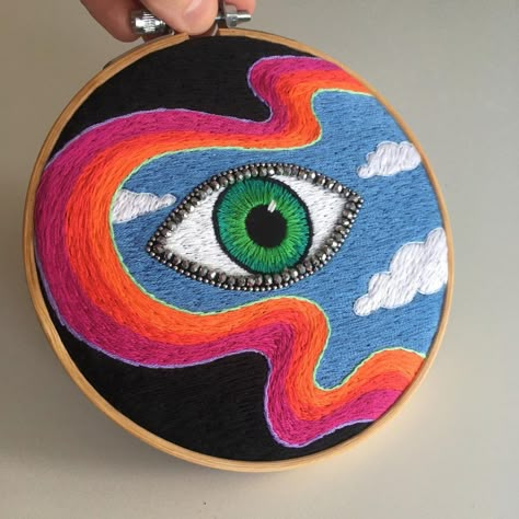 I don't usually pick favorites, so let's just say this one will be very hard to part with 🌈👁🖤 . Oh, is #psychedelicembroidery a thing… | Instagram Evil Eye Embroidery, Embroidery Eyes, Sashiko Mending, Plush Ideas, Eye Embroidery, Embroider Ideas, Cozy Crochet Patterns, Cosmic Art, Contemporary Embroidery