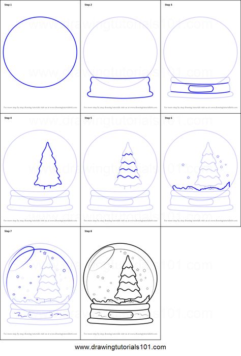 Snow Globe Watercolor Painting, Snowglobe Drawing Christmas, Snowglobe Drawing Easy, Step By Step Drawing Tree, Snow Globe Drawing Easy, How To Draw A Snowglobe, How To Draw Winter Things, Snowglobe Doodle, Step By Step Drawing Christmas