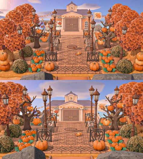 Marina on Instagram: "It suddenly smells like pumpkin 🎃 Codes by @animo.crossing 🫶🏼" Fall Road Path Acnh, Acnh Island Design Ideas Halloween, Town Ideas Acnh, Fall Theme Animal Crossing, Acnh Fall Town Entrance, Animal Crossing Fall Entrance, Acnh Autumncore Island, Acnh Autumncore Entrance, Acnh Town Hall Plaza Ideas