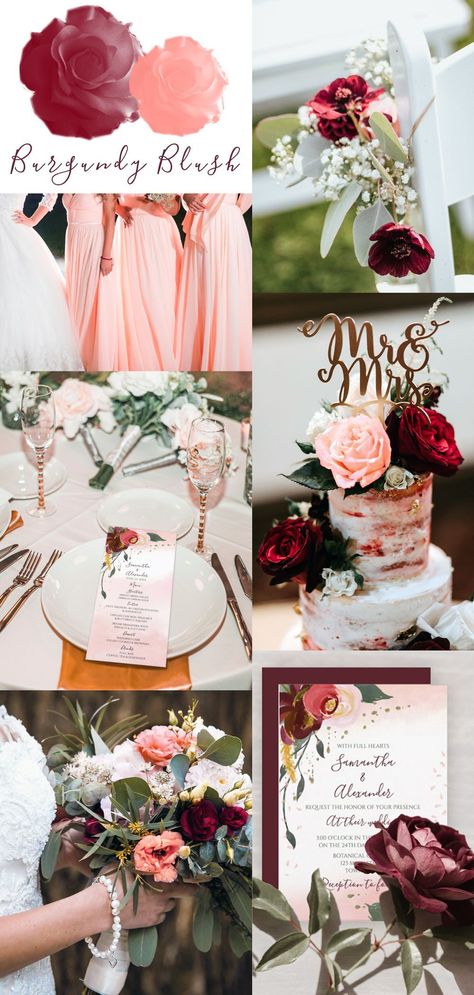 Burgundy Coral Wedding, Merlot And Blush Wedding, Rose Gold And Burgundy Wedding Theme Decor, Blush Pink And Burgundy Wedding Cake, Coral And Burgundy Wedding, Salmon Wedding Colors, Burgundy And Rose Wedding, Rose Gold And Burgundy Wedding Theme, Pink And Maroon Wedding