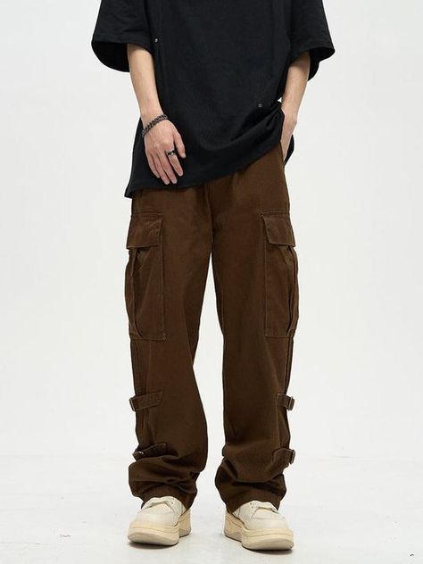 Casual Outfits For Tall Guys, Guys Cargo Pants Outfit, Guys Clothing Styles Aesthetic, Brown Jeans Outfit Mens, Brown Cargo Pants Outfit Men, Cargo Style Men, Dark Brown Pants Outfit, Men Pants Style, Brown Cargo Pants Outfit