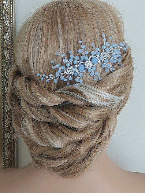 Blue Wedding Accessories, Bridal Side Hair, Blue Silver Wedding, Sky Blue Hair, Blue Silver Weddings, Silver Wedding Hair, Blue Headpiece, Blue Wedding Hair, Bridal Necklaces