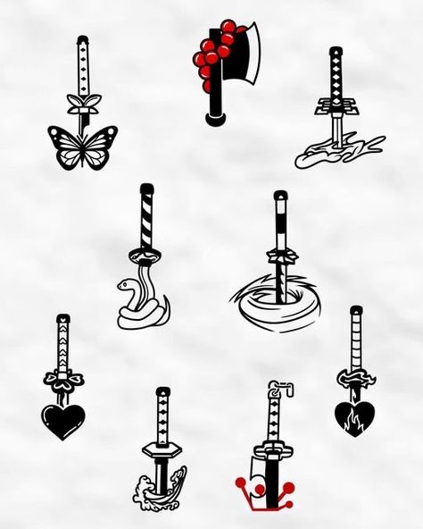 Minimal Anime Tattoo Ideas, Hashira Swords Tattoo, Flame Hashira Tattoo, Demon Slayer Tattoo Matching, Giyuu Tattoo Ideas, Subtle Anime Designs, Hashira Tattoo Ideas, Small Tattoos Demon Slayer, Muichiro Tattoo Ideas