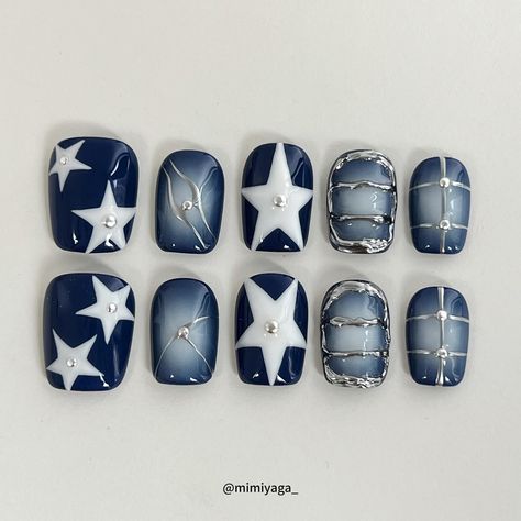 Navy blue star🌟 #nail #nailart #pressonnails #navybluenails #nailfashion #pressons #cutenails #shortnails #bluenails #starnails #naildesign #coolnails #naillove Short Denim Nails, Blue Gel Nails Ideas Short, Navy Blue Nails Stars, Navy Blue Acrylic Nails Designs, Star On Nails, Navy Blue Short Nails, Cool Design Nails, Cute Navy Blue Nails, Nails Stars Design