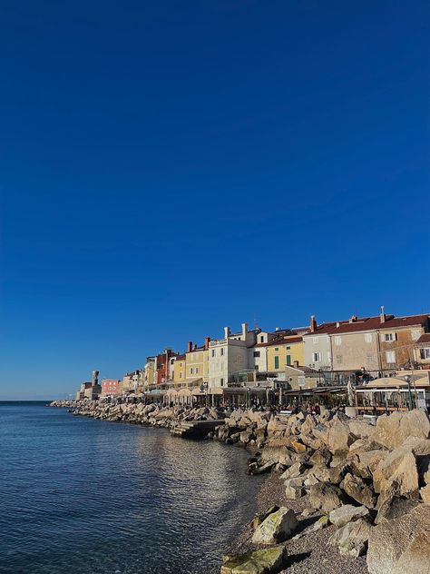 sunny december, slovenia, sea, rocks, beach, old buildings, colorful Slovenia Beach, Slovenia Aesthetic, Koper Slovenia, Vacay Pics, Sea Rocks, Dream Country, Euro Summer, Adriatic Sea, Summer 24