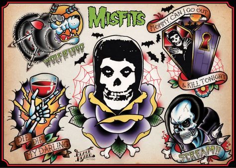 MISFITS TATTOO FLASH Misfits Tattoo Design, Misfits Tattoo Ideas, Misfits Skull Tattoo, Misfits Tattoo Flash, Misfits Band Art, Punk Tattoo Ideas, Punk Rock Tattoos, Misfits Tattoo, Halloween Tattoo Flash