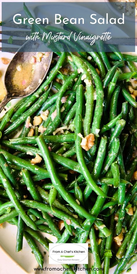 Here’s a simple, rustic vegetable salad with French country flair that’s the perfect side dish with whatever you’re grilling this summer! Green Bean Salad with Mustard Vinaigrette and crunchy walnuts is easy to make and comes together quickly! Serve warm or room temperature. Summer Slow Cooker Recipes, French Green Beans, Green Bean Salad, Mustard Vinaigrette, Produce Recipes, Side Salad Recipes, Leafy Green Salads, Radish Salad, Green Bean Salads