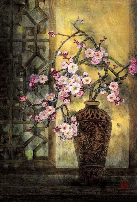 Chinese Dynasty Art, Japan Painting, Still Life Flowers, Chinoiserie Wallpaper, Art Society, Painting Art Lesson, Collage Art Mixed Media, Art Chair, China Art