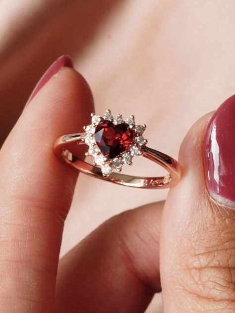 Love And Compassion, Heart On Your Sleeve, Garnet Heart, Cute Engagement Rings, Garnet Crystal, Heart Flower, Deep Love, Girly Jewelry, Ring Size Guide