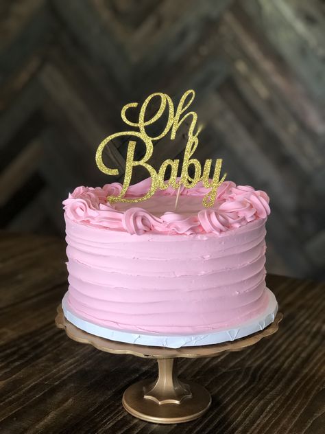 Simple baby shower cake with pink buttercream, rough texture, and custom banner. Babyshower Cake Pink, Pink Baby Shower Cake Ideas, New Baby Cakes Girl, Pink Cake For Baby Girl, Baby Shower Tårta, Baby Girl Cakes For Showers, Baby Shower Cakes Girl Simple, Tort Baby Shower Girl, Baby Shower Cakes Pink